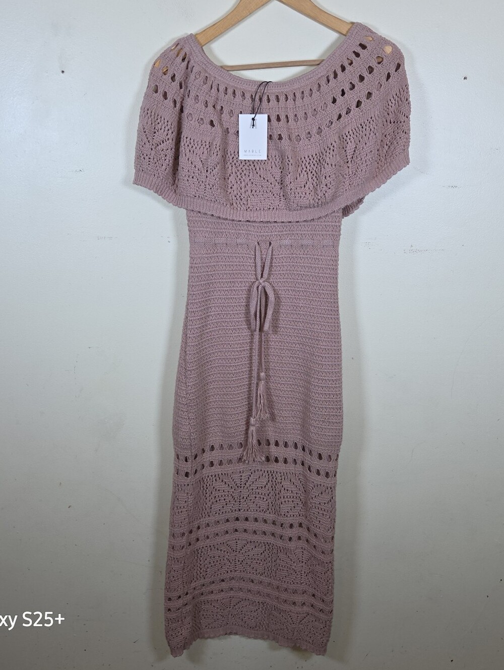 Mable Crochet Bohemian Anthropology Style Maxi Off Shoulder Dress Rose NWT Small